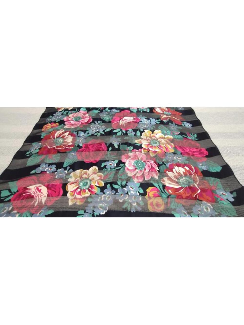 Vintage Elegant Silk Chiffon Black Scarf Rose Pink Teal BIG ROSES PRINT Striped